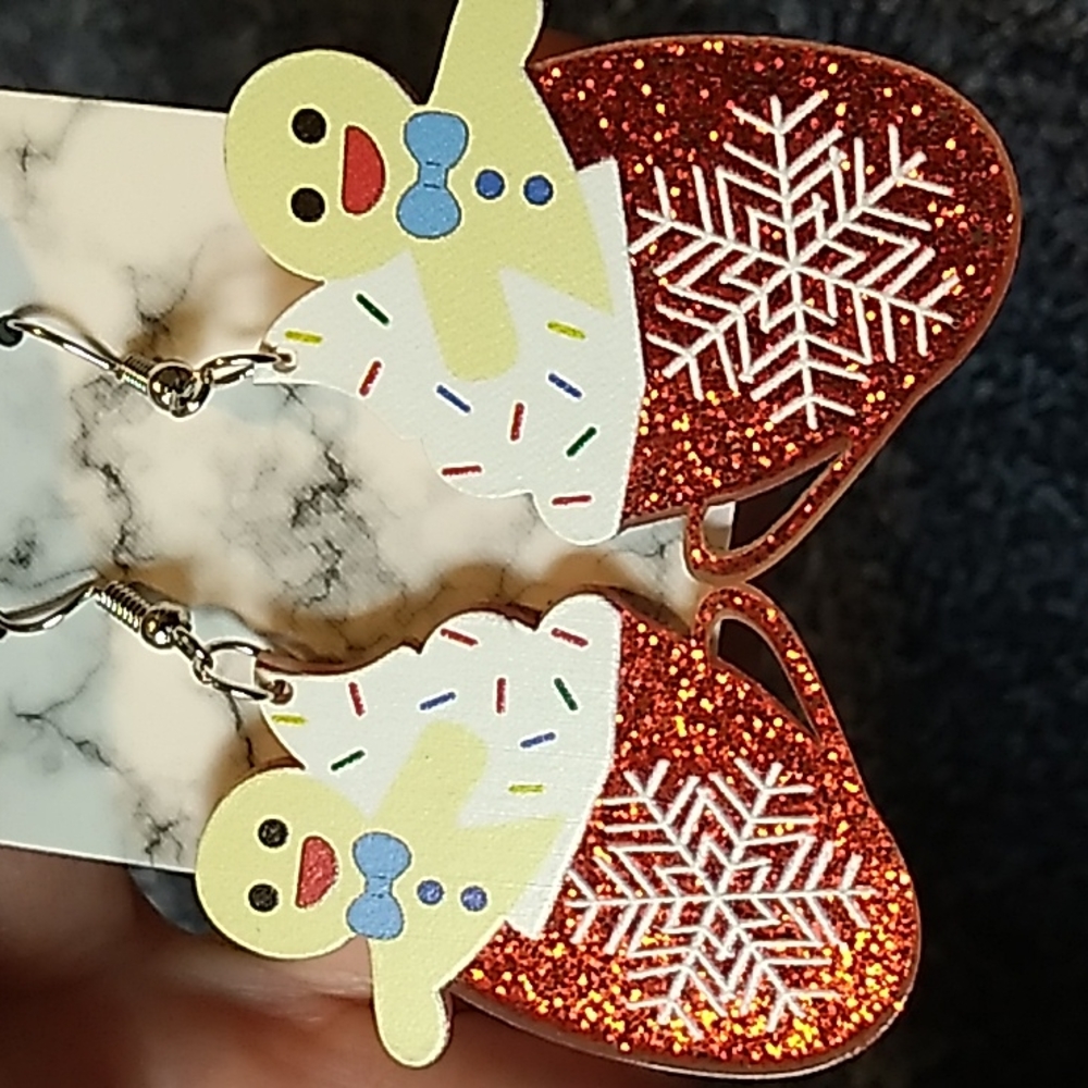 Acrylic Hot Coco Christmas Earrings 1 1/4 x 2 inches Red Glitter, white, yellow